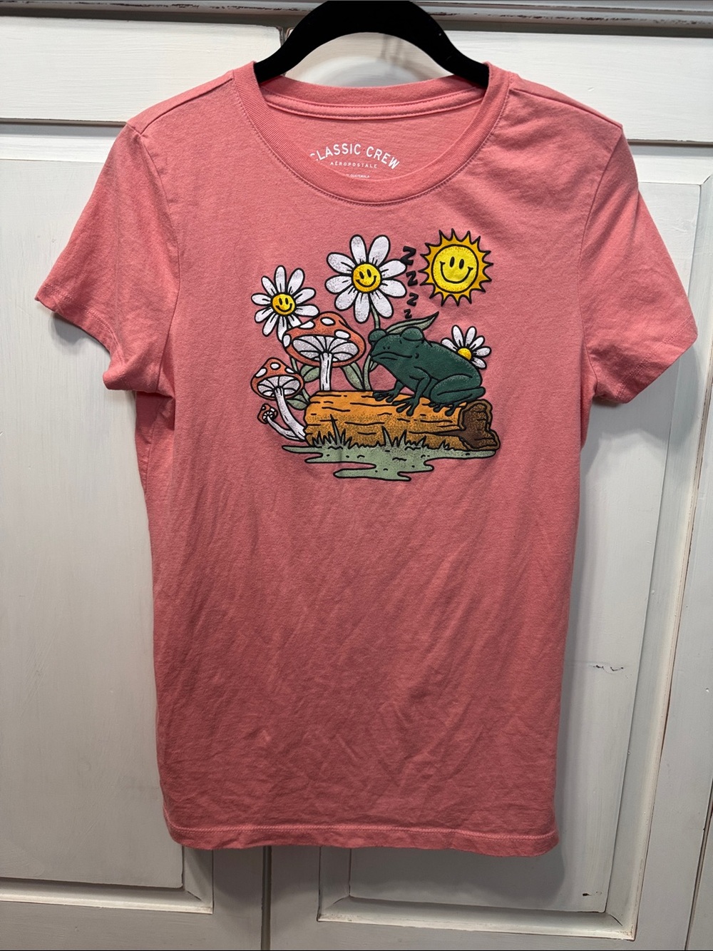 Aeropostale Coral Graphic Tee with Frog, Daisies & Smiling Sun